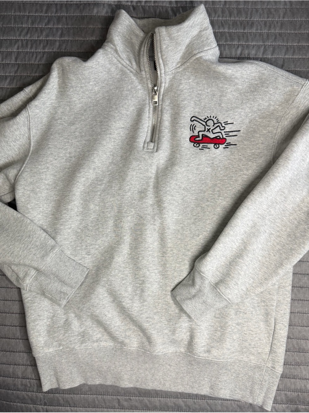 H&M Light Gray Relaxed Fit Pullover with Keith Haring art embroidered